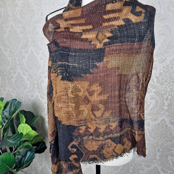 Sequined Scarf Black/Brown/Tan/Gold Pattern Short Fringed Ends EUC - Picture 4 of 6